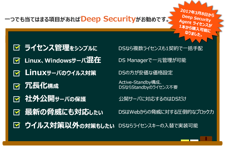 一つでも当てはまる項目があればDeep Securityがお勧めです。